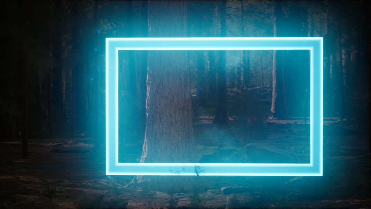 marco rectangular brillante de neón en el bosque nocturno