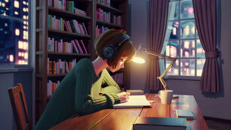 anime girl studying at night in a cozy room