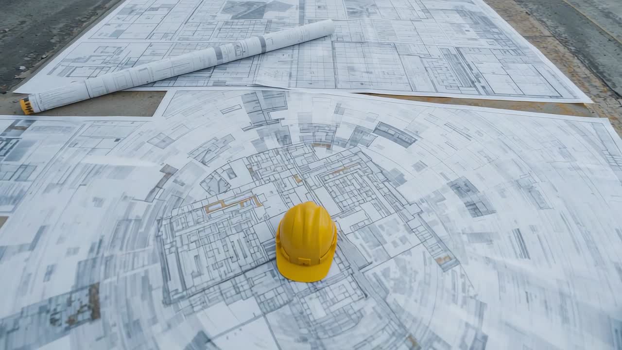 Kamera panorerer fremad og ned for at afsløre byggeplaner på et arbejdsbord, med en gul hjelm.