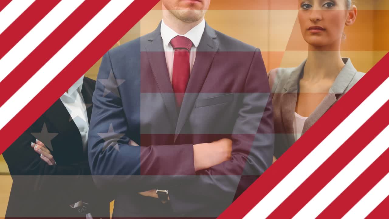 animación de estrellas y rayas sobre personas de negocios