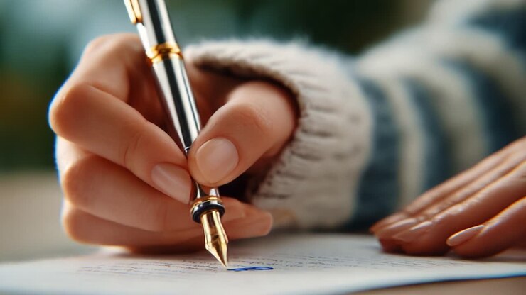 Primo piano di una mano che tiene elegantemente una penna stilografica, scrivendo un messaggio sentito su carta, che mette in mostra la bellezza della comunicazione scritta a mano e l'intimo legame che crea