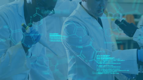 scientists working in laboratory with chemical formulas animation over them