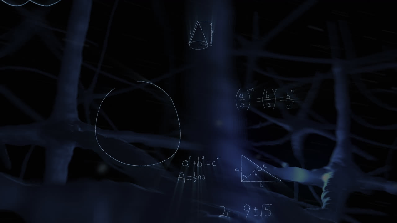Animation of mathematical equations over digital neurons on black background