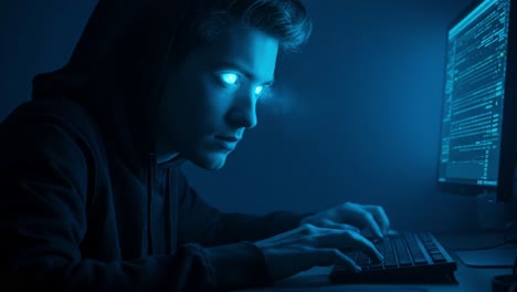 concentrated programmer working intently on computer in dimly lit room, light reflecting dramatically across focused eyes, creating intense technological atmosphere