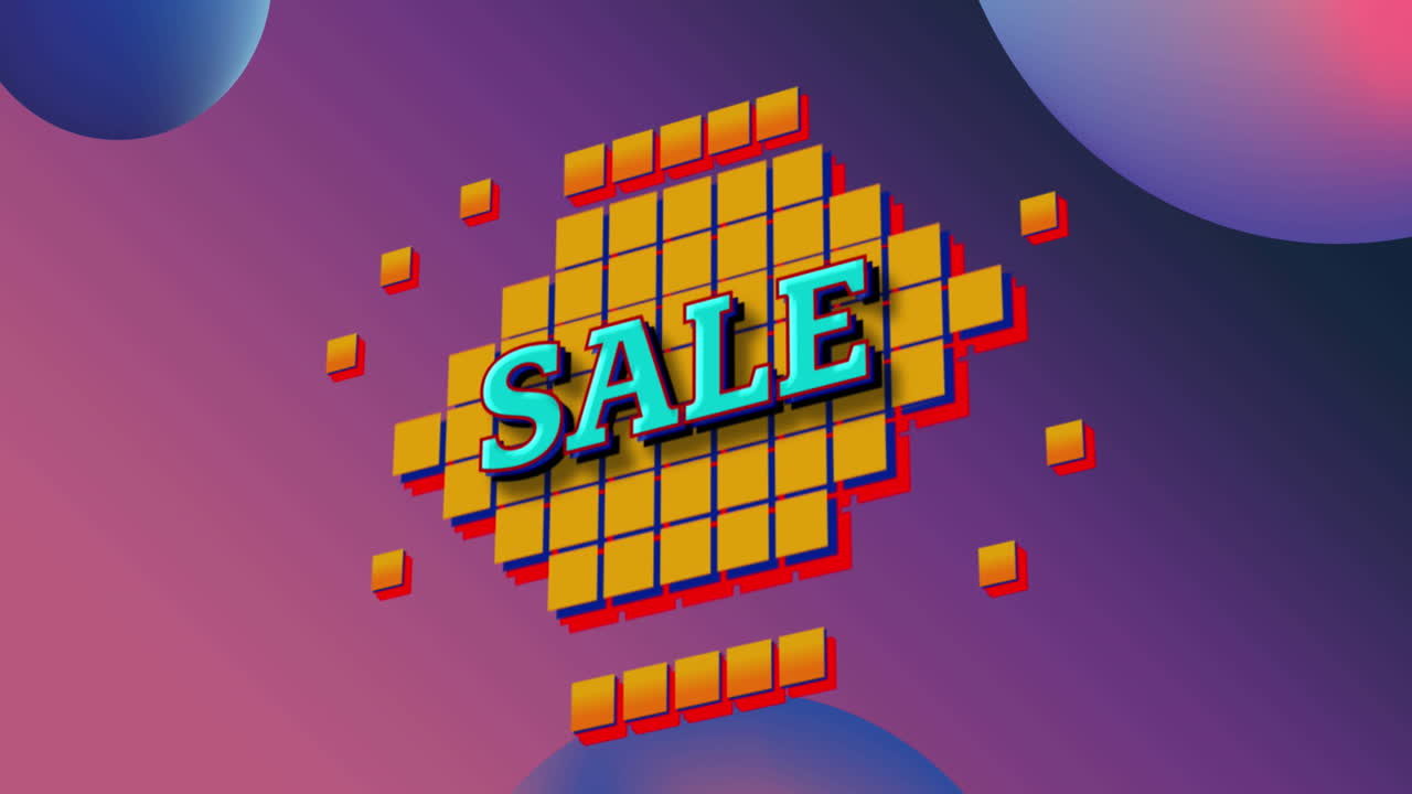 animación del texto de venta sobre cuadrados y fondo retro
