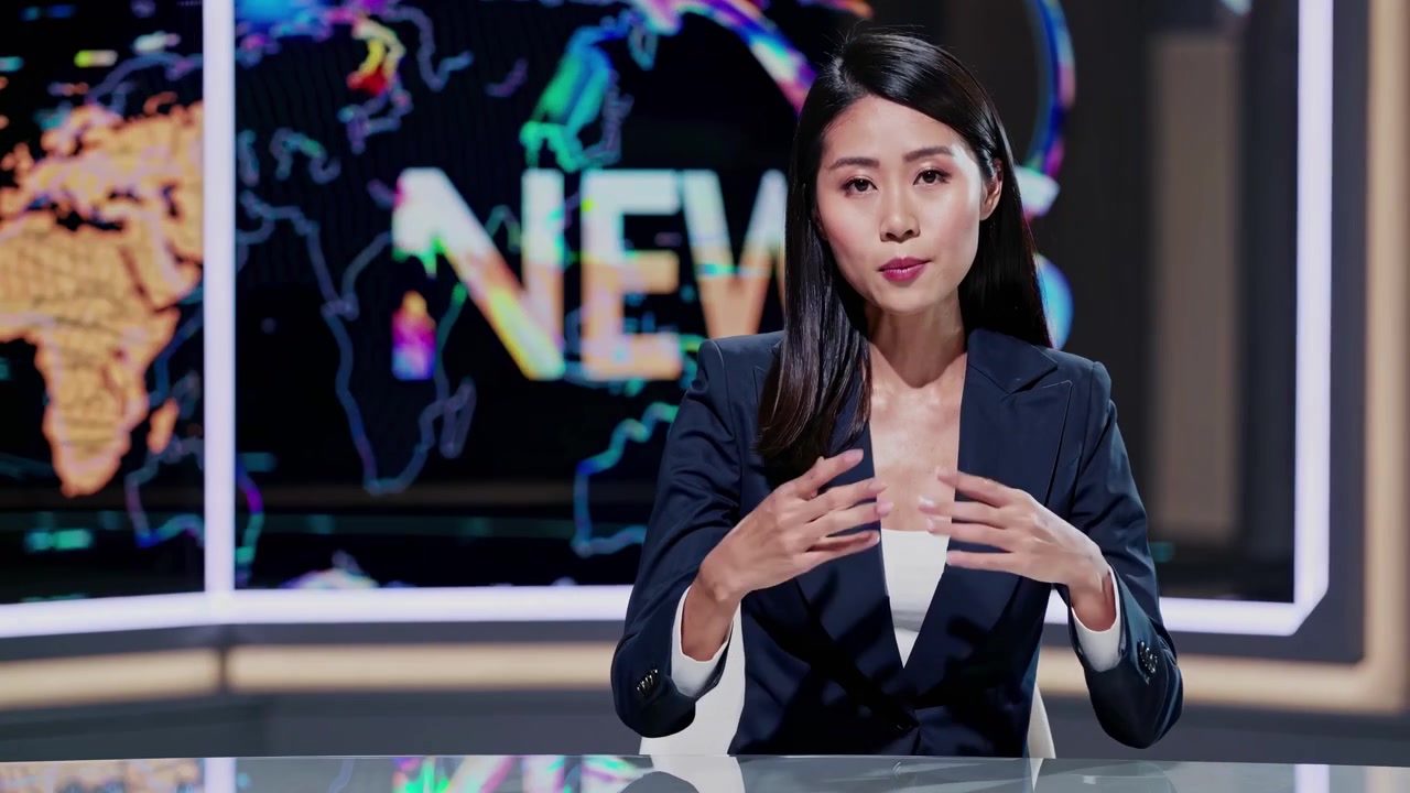 モダンなテレビスタジオでニュースを伝えるアジア系の女性ニュースキャスター