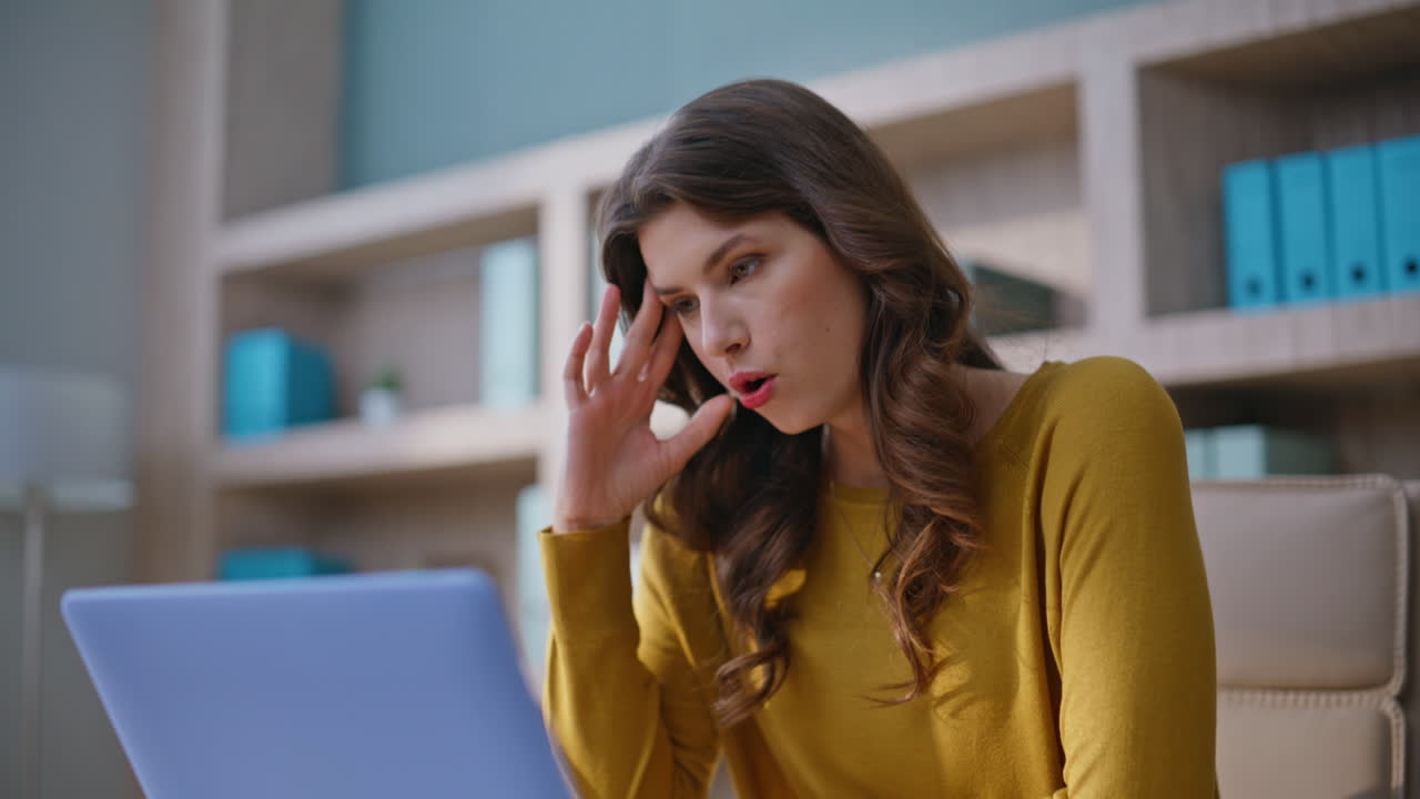 Dissatisfied businesswoman arguing online conference worried conflict closeup
