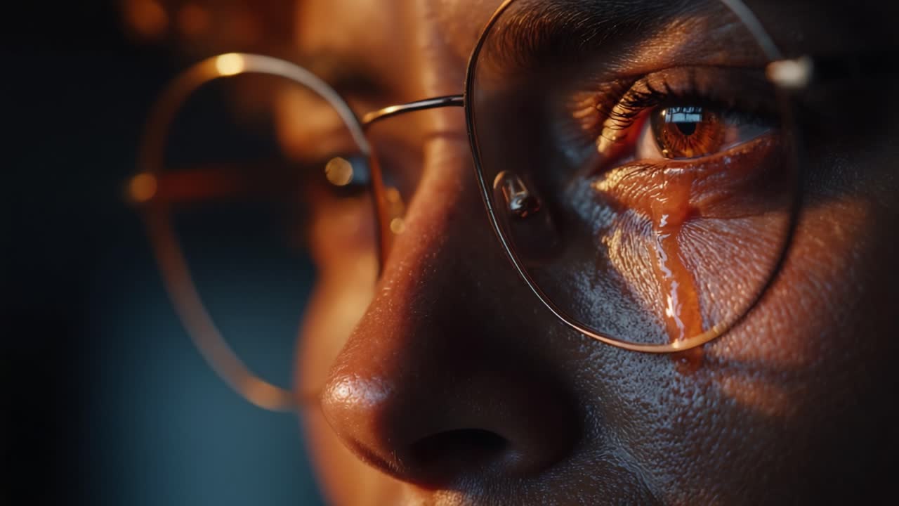 A Close-Up Emotional Portrait Capturing the Raw Essence of Heartbreak Through Glimmering Tears and Intense Expression in a Dimly Lit Setting