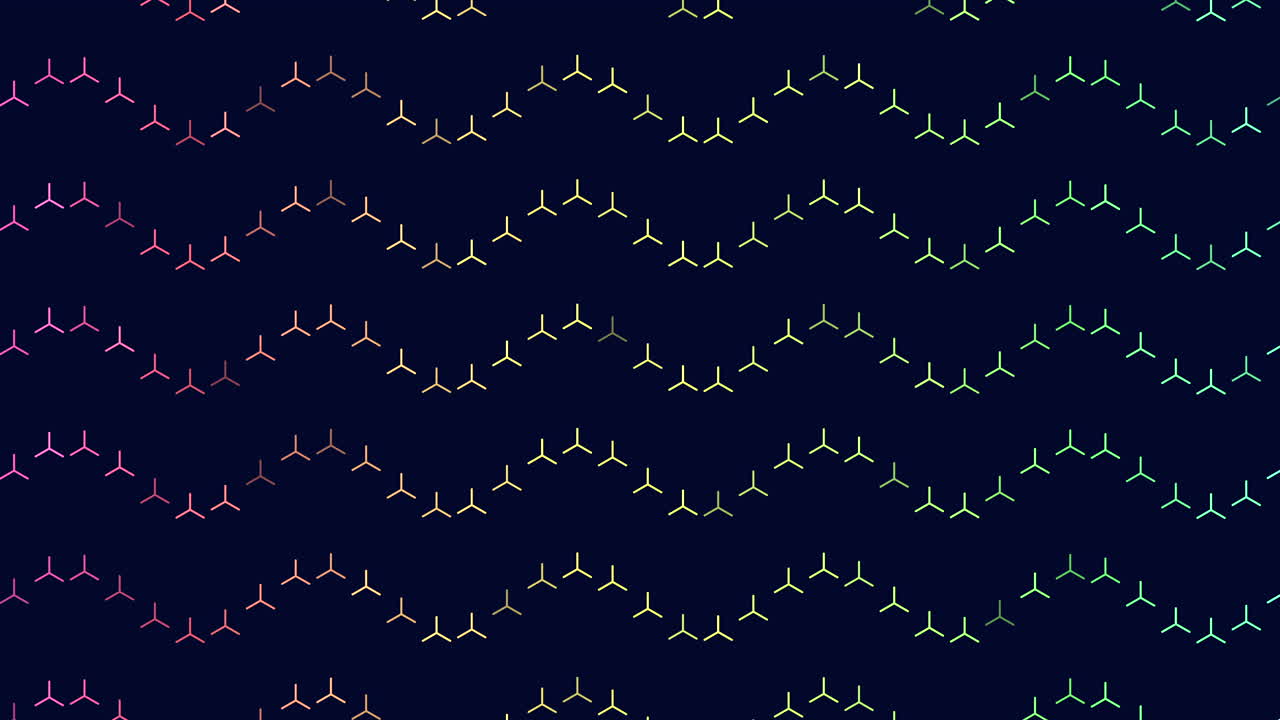 Neon rainbow abstract triangles pattern in waves on black gradient