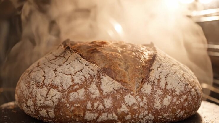 Freshly Baked Artisan Bread Emerging from the Oven, Showcasing its Beautifully Crusty Surface and Delicious Aroma as Steam Escapes
