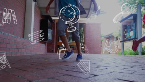 animation of education school icons over diverse school children running in school