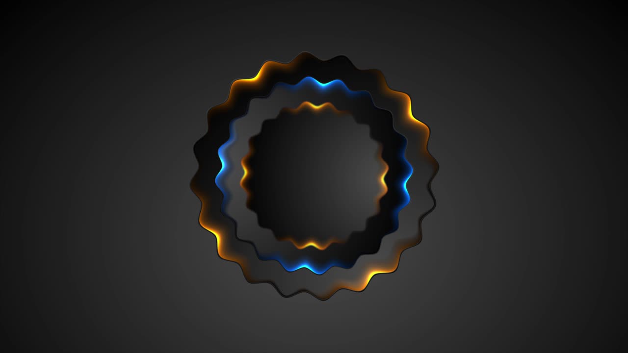Black wavy circle badge with glowing neon light motion background