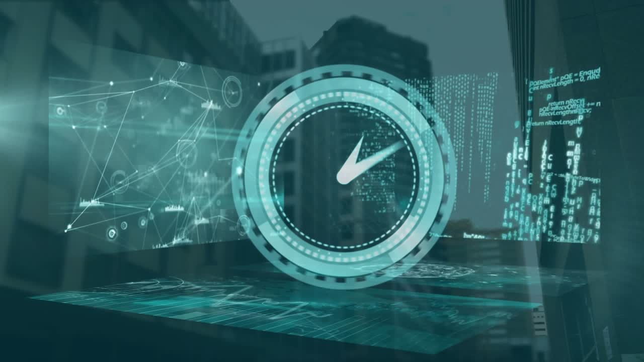 Animation of clock moving over cityscape