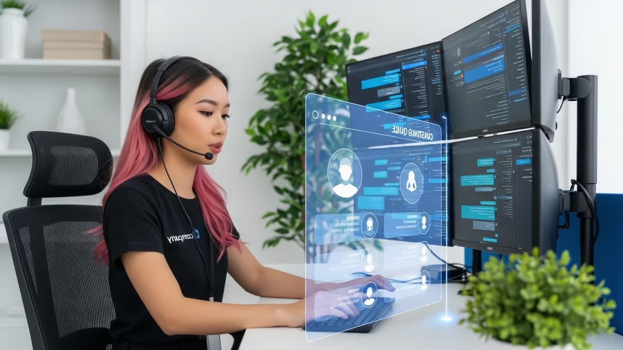A focused individual utilizes advanced technology, including a headset and multiple screens, to conduct a virtual meeting or support session in a modern workspace