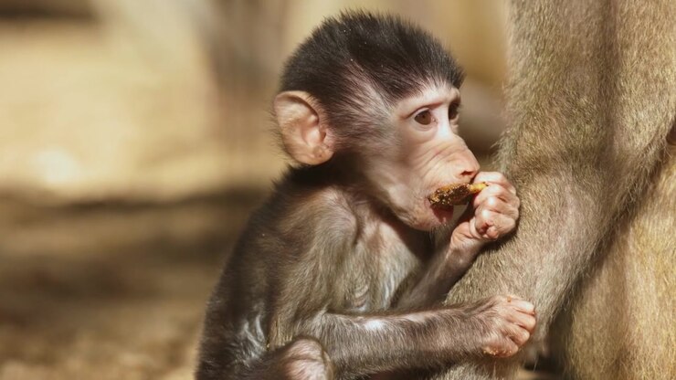 Una piccola scimmia affamata che divora uno spuntino delizioso nella natura selvaggia