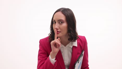 woman in pink blazer gesturing for silence