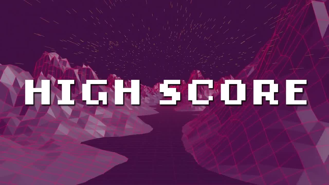Animation of high score text in white letters over metaverse background