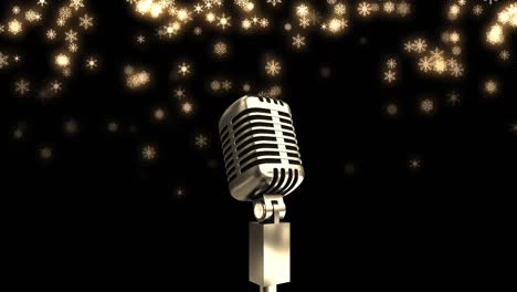 Animation-of-microphone-over-snowflakes-icons-falling-against-black-background-with-copy-space