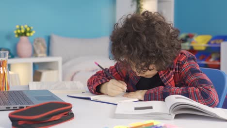 boy working with laptop while doing homework and research.