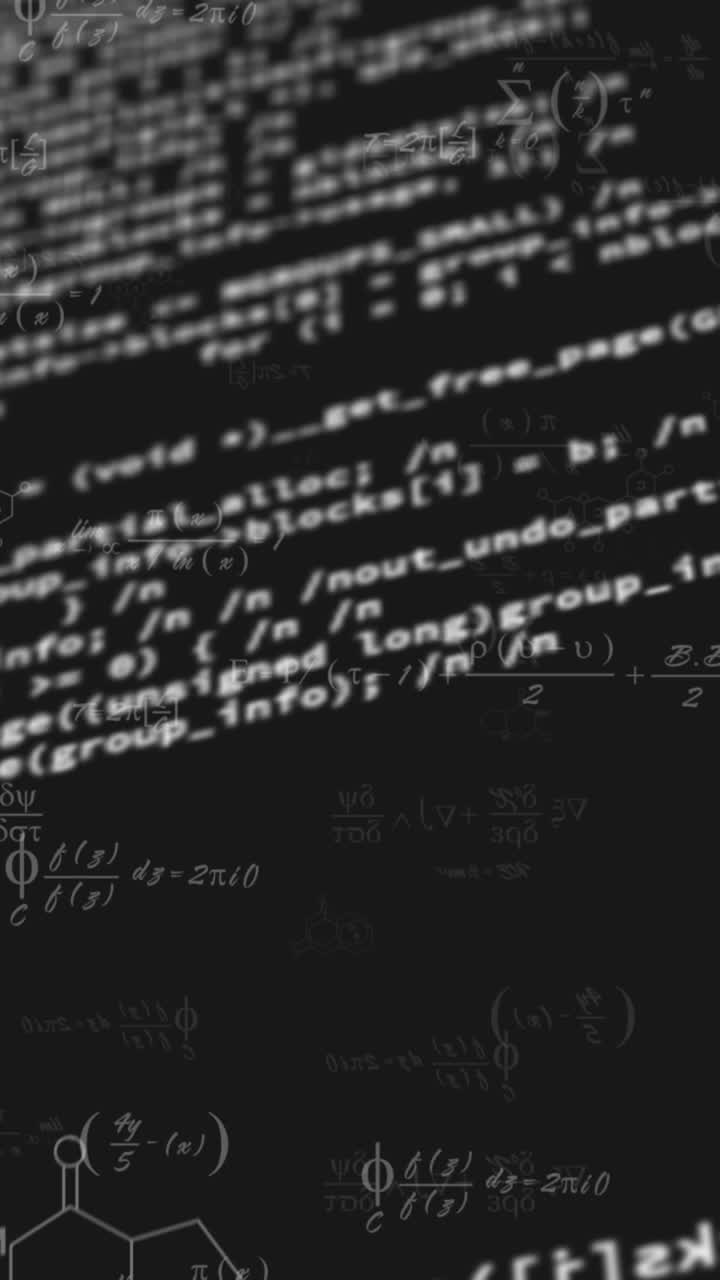 animación de ecuaciones matemáticas y procesamiento de datos sobre fondo negro