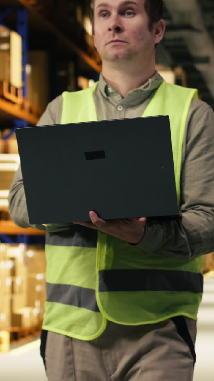 Video verticale: Organizzazione di pacchi di carico, un lavoratore con laptop, in una struttura di centro di distribuzione