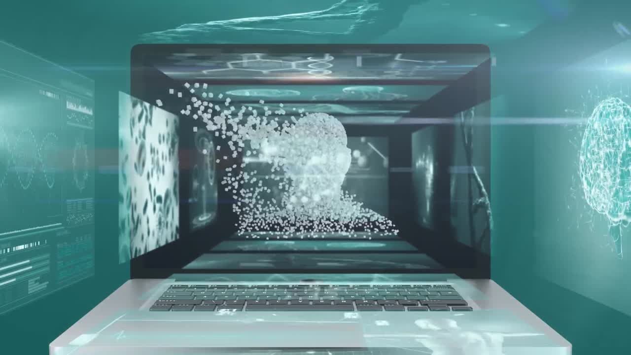 animación de busto humano y adn mostrado en la pantalla de la computadora portátil en el fondo.