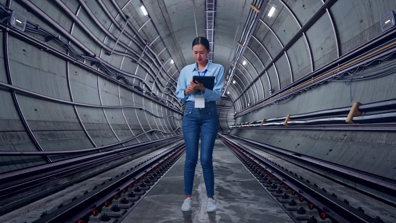 Full Body Of Asian Female With Her Tablet In Underground Subway Tunnel, Typing And Dissapionted With Nodding Her Shead
