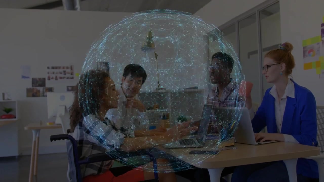 Team planning in office, holographic globe appearing then morphing into network overlaying scene