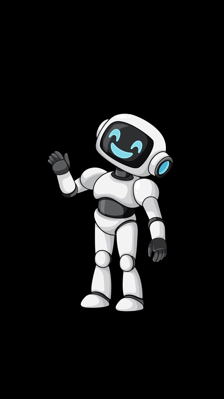 Un robot cartone animato entra, sorride e saluta con un movimento fluido su uno sfondo nero uniforme.