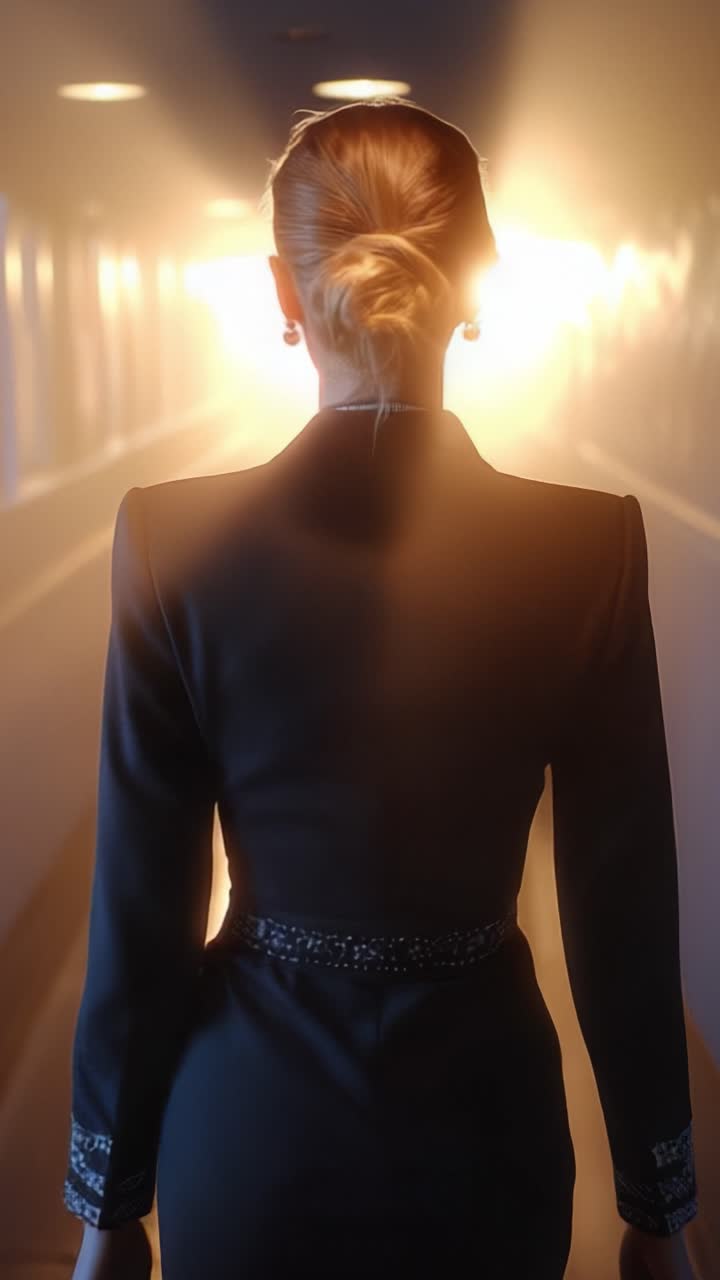 Una figura misteriosa cammina verso la luce, catturando l'essenza di eleganza e attesa in un corridoio radioso di tonalità riflesse e bagliore soffuso.