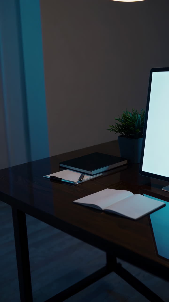Espacio de trabajo de oficina oscuro con ordenador y nota