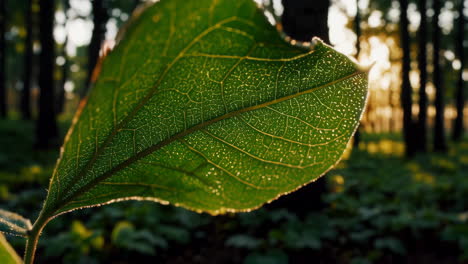 close-up of a leaf in a forest at sunset