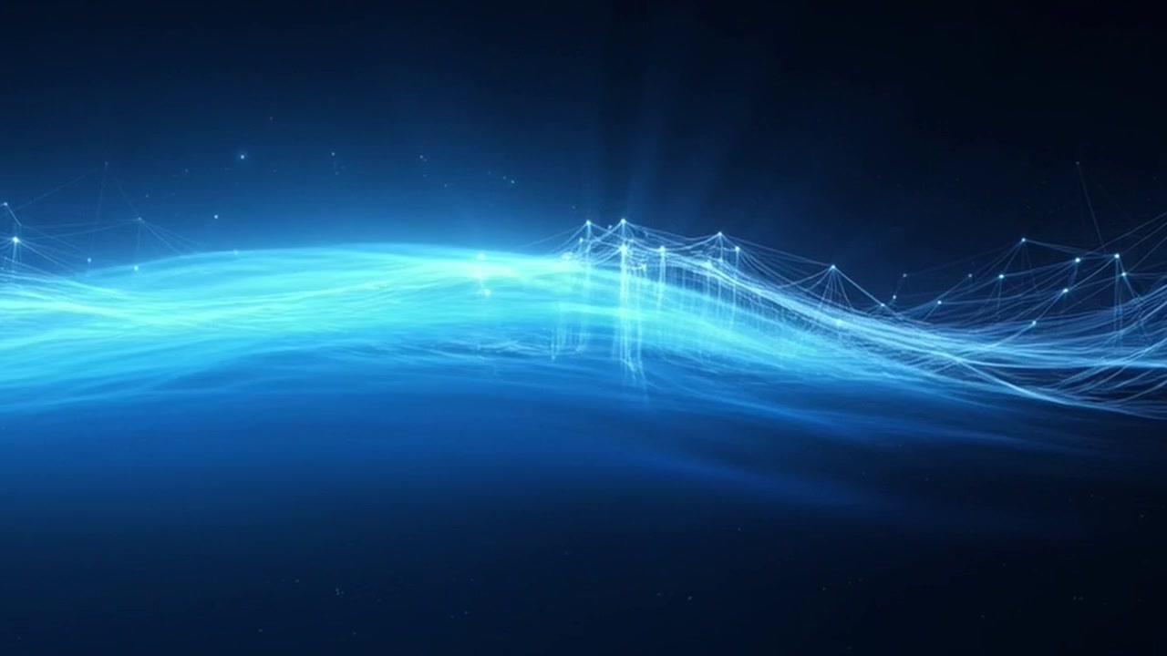 暗い空間を流れる抽象的なデジタルネットワークの波