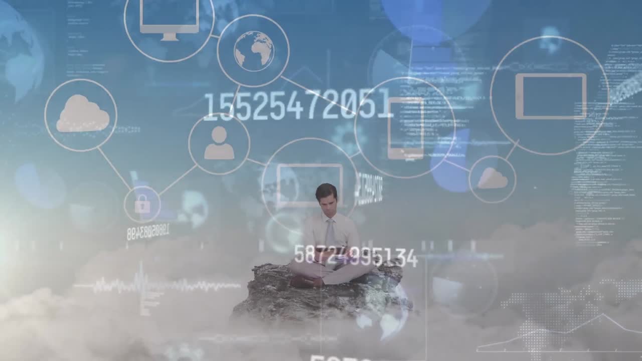 데이터 프로세싱 및 미디어 아이콘의 애니메이션 백인 사업가