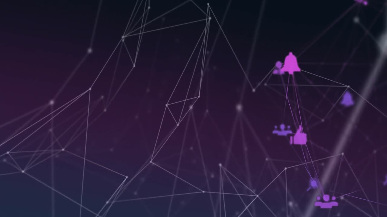 Animation of globe of digital icons and network of connections spinning against purple background