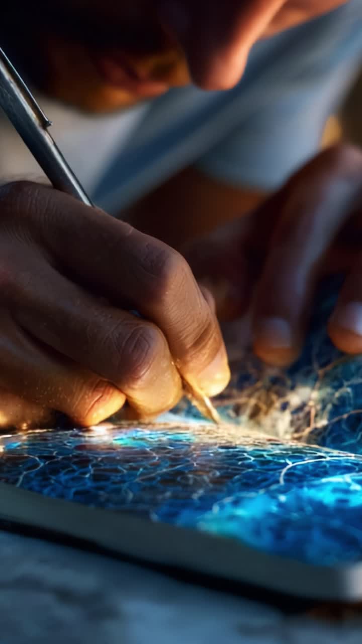 An artist meticulously details a vibrant, abstract pattern with a pencil, showcasing intricate textures and luminous colors in a captivating creative process