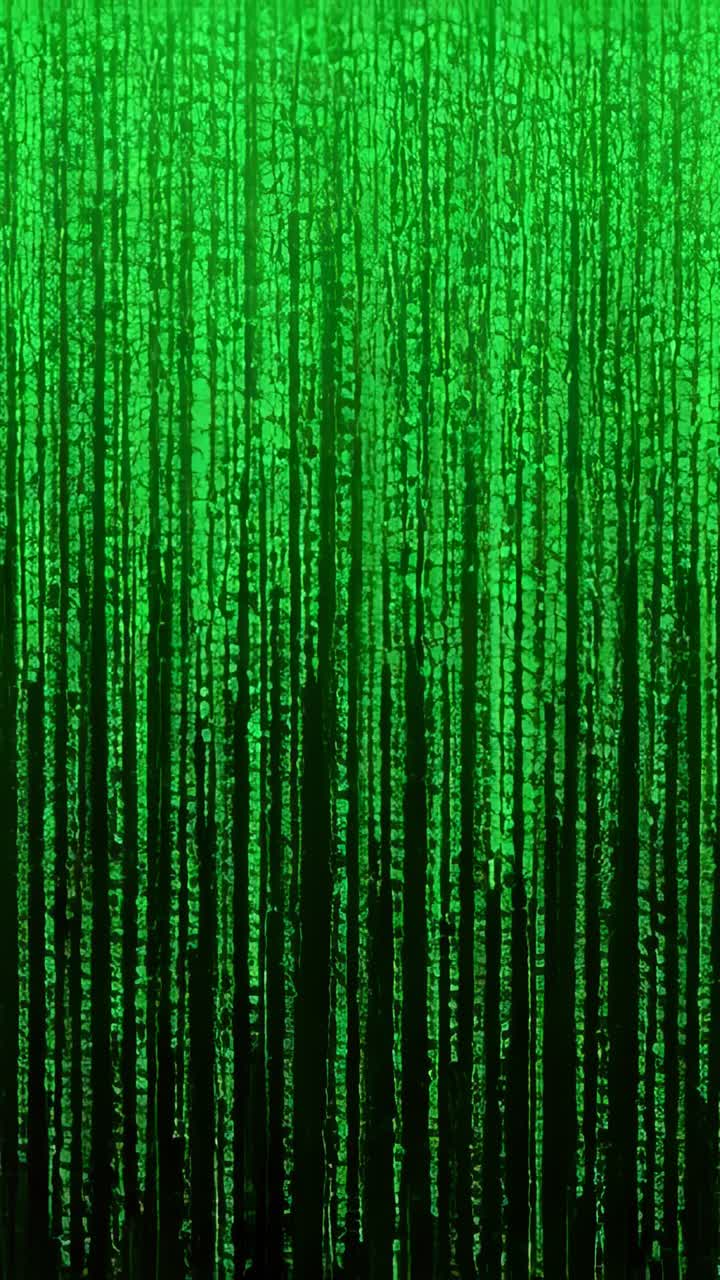 Vertical video: Forming sparse top glyphs, glowing code streams falling on dark field, with noise