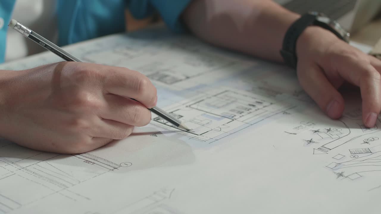 Close Up Of Hand'S Man Engineer Drawing Blueprint