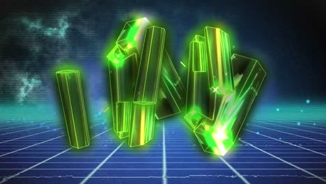 animation of glowing green block spinning over metaverse grid