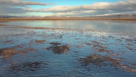 vast frozen pond in iceland on a winter day - panning wide shot