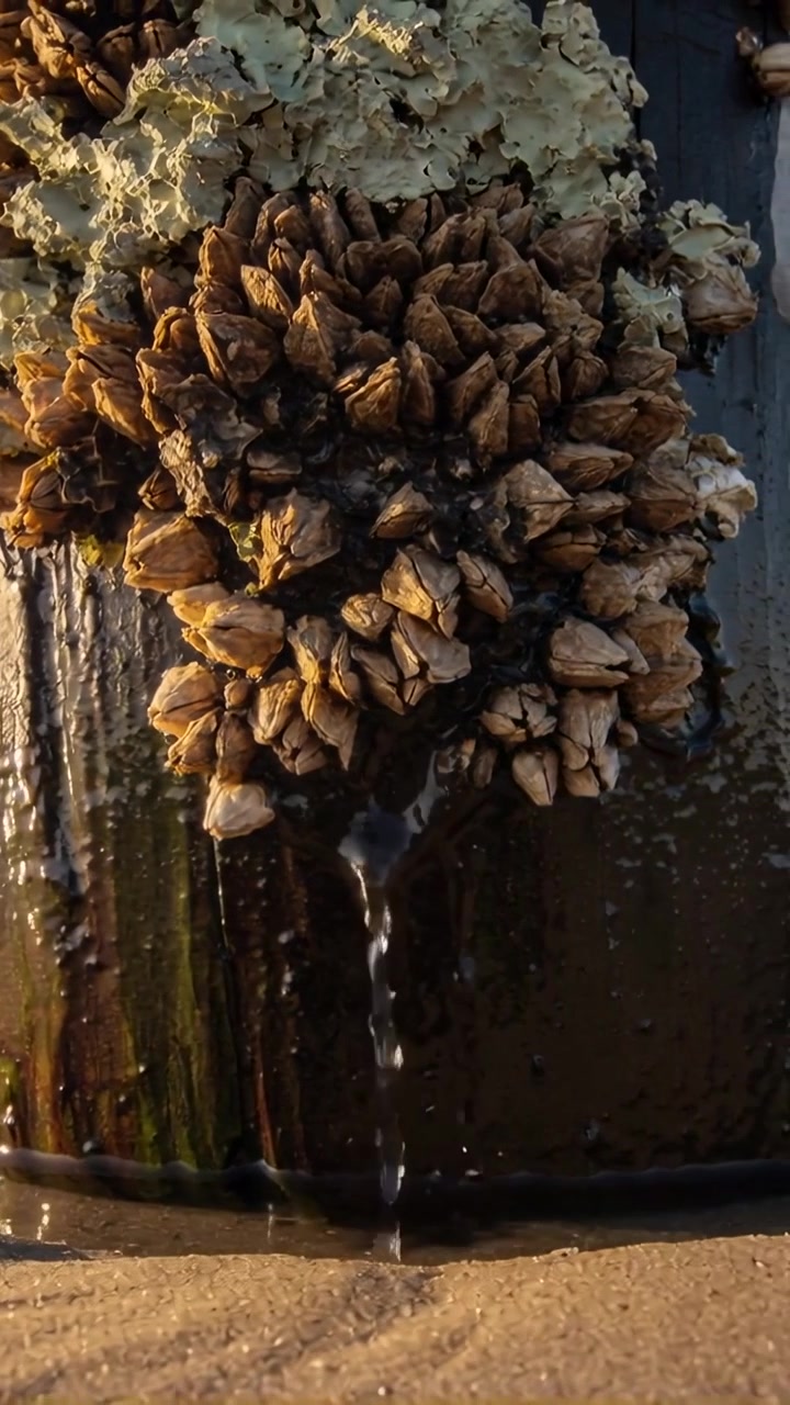 Vertical video: Dripping barnacles releasing droplets from tide at wood piling, with green lichen