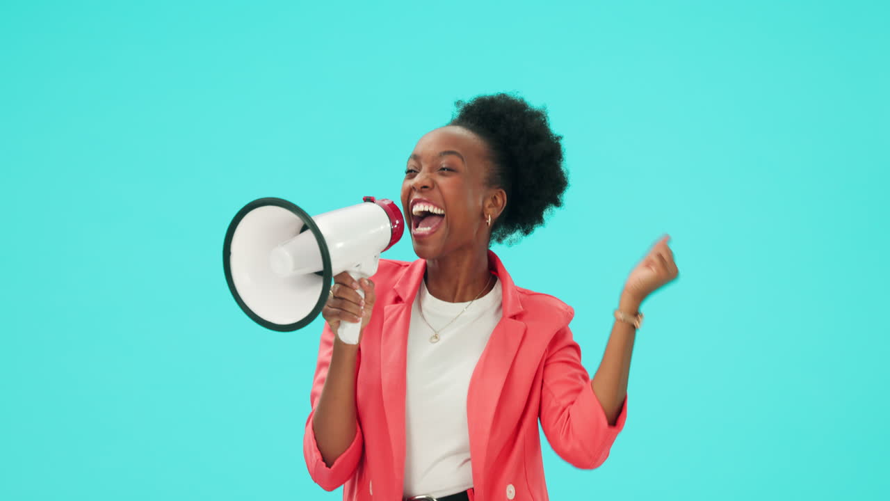 Megaphone, speech and black woman with news