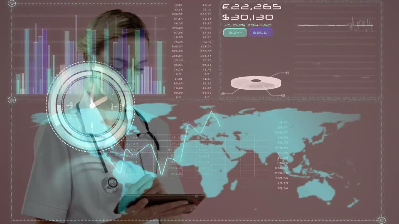 animación del reloj con procesamiento de datos y mapa del mundo sobre una doctora caucásica usando una tableta
