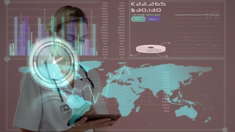 Animation-of-clock-with-data-processing-and-world-map-over-caucasian-female-doctor-using-tablet