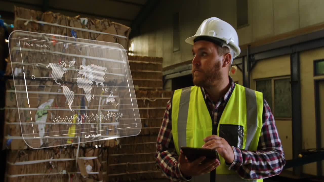 Animation of data processing on screen over caucasian man working in warehouse