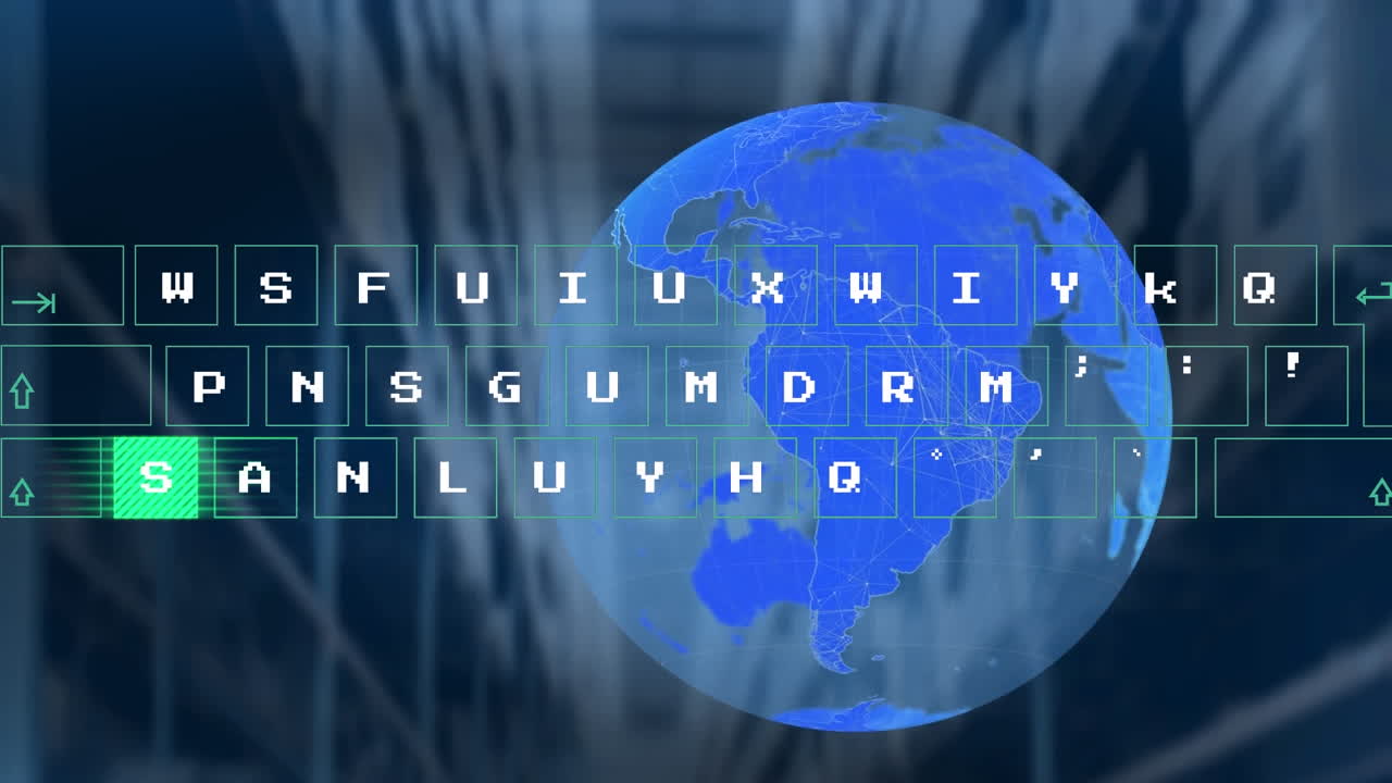 Animation of abstract pattern moving on keyboard over globe against low angle view of warehouse