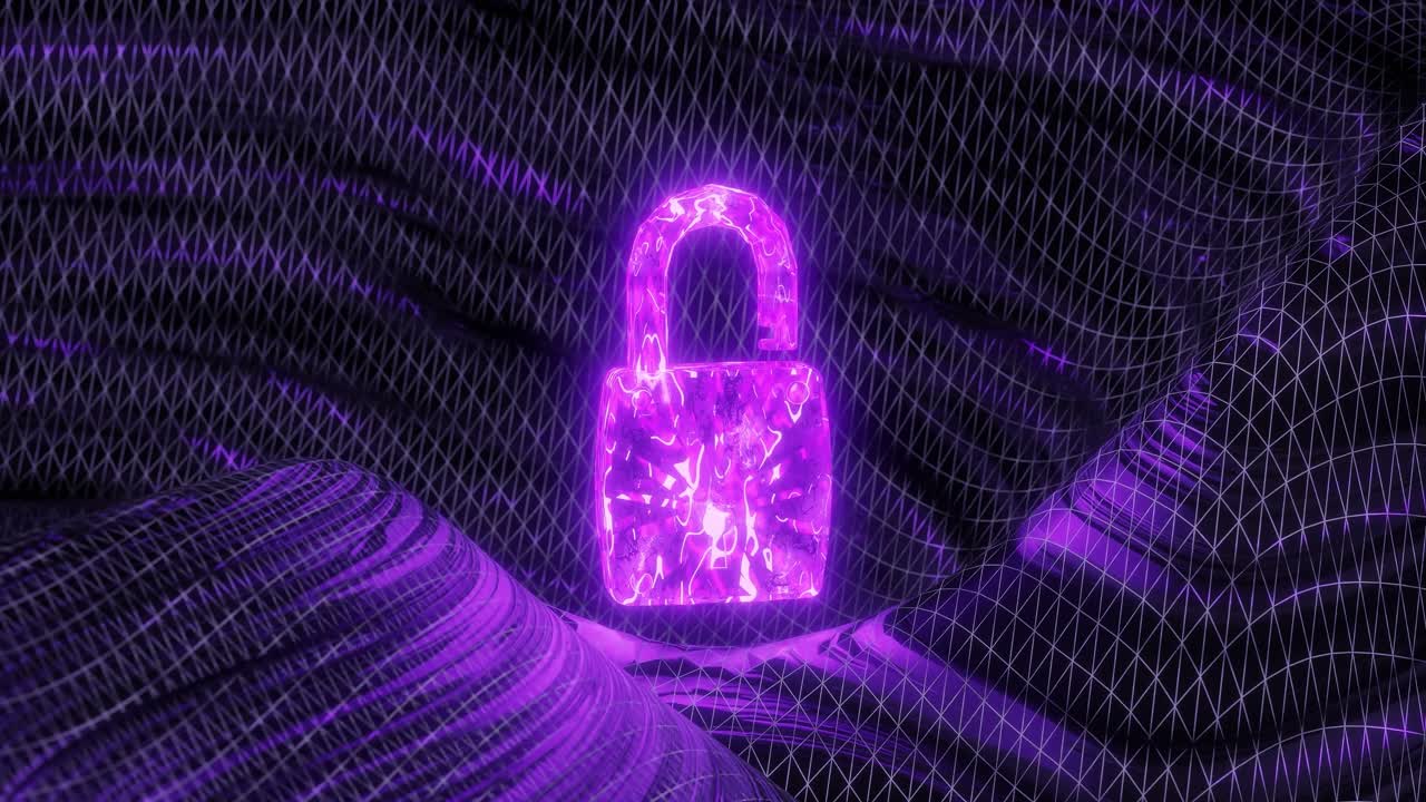 Glowing purple padlock over abstract digital mesh surface in dark space. Cyber security and data encryption concept. Design for banner, poster, wallpaper