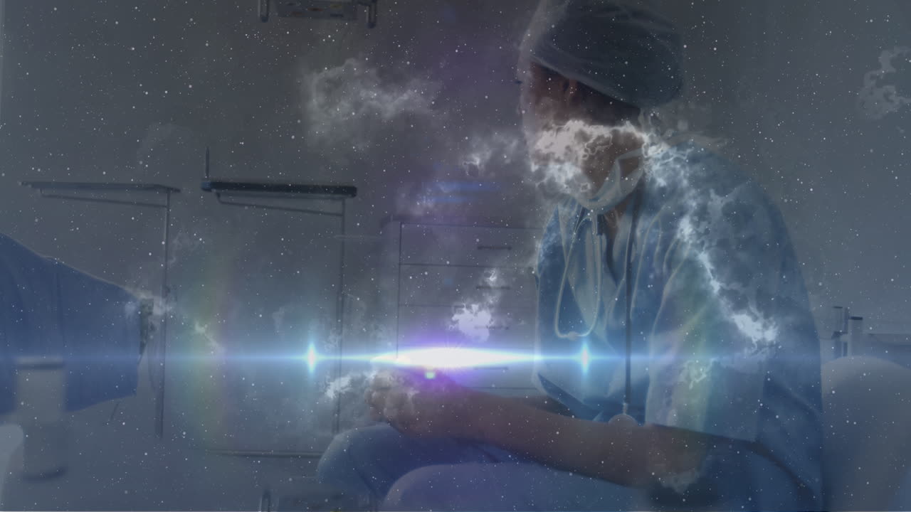 병원에 있는 슬픈 백인 여성 간호사 위의 공간의 애니메이션