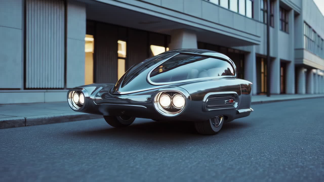 Sleek Futuristic Chrome Concept Car on an Urban Street