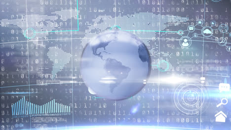 animation of globe spinning with a world map and data and information